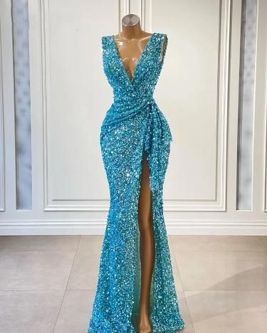 Long Blue V Neck Sequins Prom Dresses