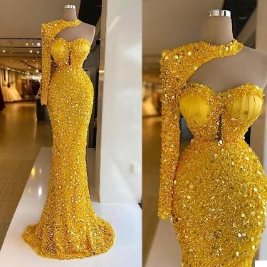 Yellow Beaded Long Prom Dresses