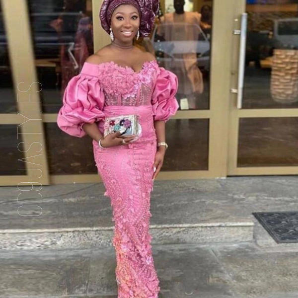 45+ Radiant Baby Pink Colour Lace Aso-Ebi Styles For Owambe (43)