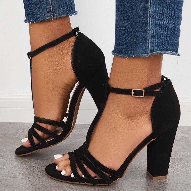 Block Chunky High Dress Heels Open Toe Ankle T-Strap Sandals - Black _ 7_5