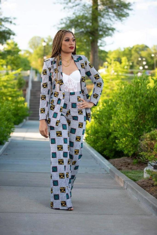 A wide-legged Ankara pant suit