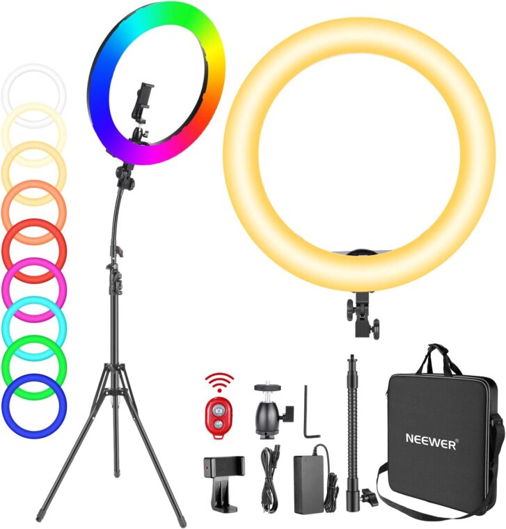 18-inches RGB Ring Light with Stand, Dimmable LED Ring Light with Phone Holder/Bi-Color 3200K–5600K/97+ CRI/0-360° Full Color/9 Scene Effects for Selfie Makeup Zoom Calls YouTube Video Shooting