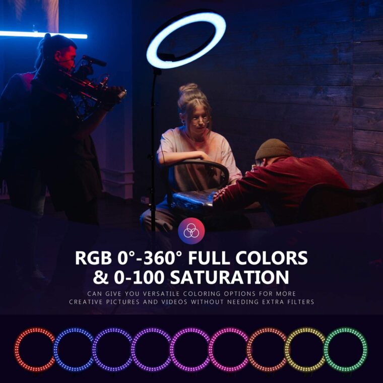 18-inches RGB Ring Light with Stand, Dimmable LED Ring Light with Phone Holder/Bi-Color 3200K–5600K/97+ CRI/0-360° Full Color/9 Scene Effects for Selfie Makeup Zoom Calls YouTube Video Shooting