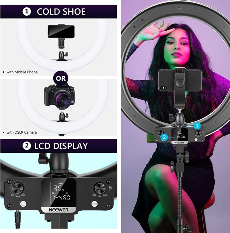 18-inches RGB Ring Light with Stand, Dimmable LED Ring Light with Phone Holder/Bi-Color 3200K–5600K/97+ CRI/0-360° Full Color/9 Scene Effects for Selfie Makeup Zoom Calls YouTube Video Shooting