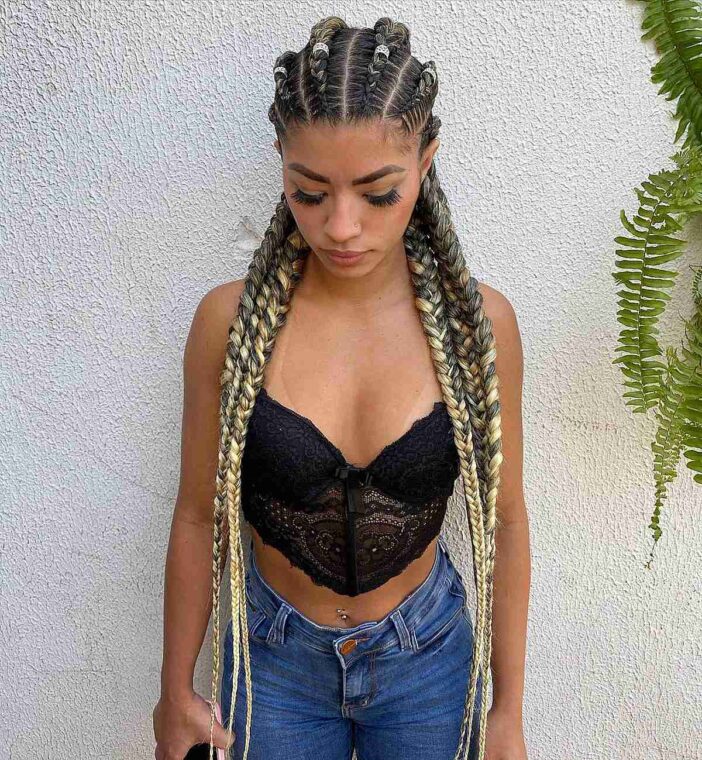 Thick straight-back braids with cuffs