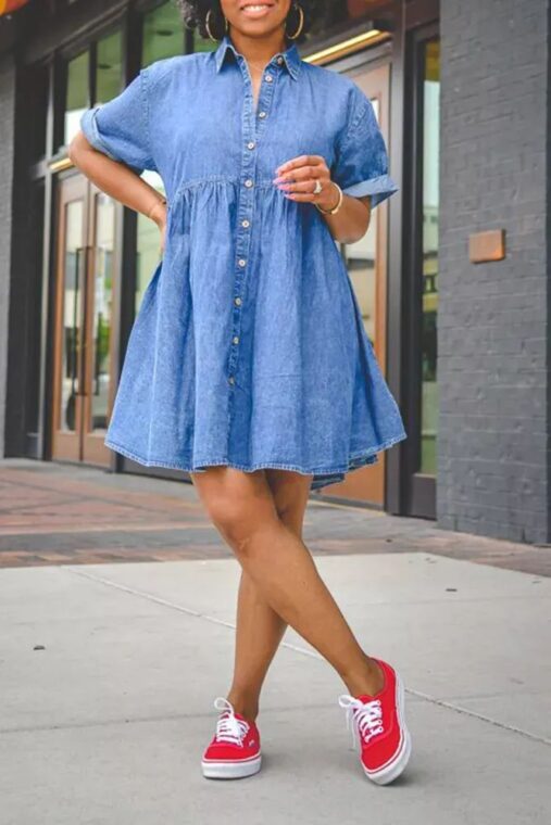 Casual Solid Turndown Collar Cake Skirt Denim Dresses