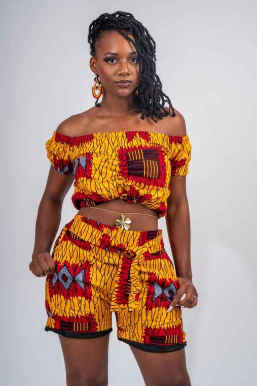 Ankara Off Shoulder Crop Top And Shorts, Ankara Two Piece L Xl Yellow