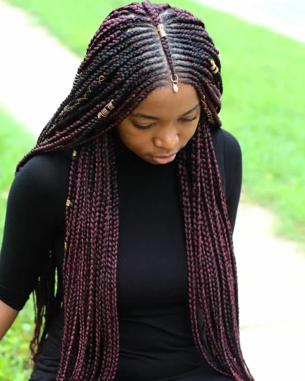 Burgundy Box Braids with Gold Accents