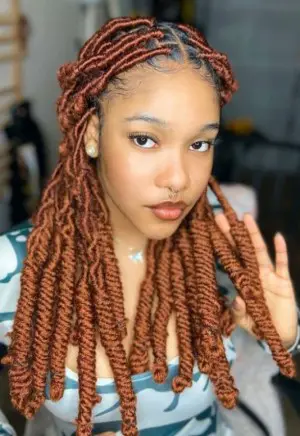 Shoulder-Length Faux Locs in Auburn Red