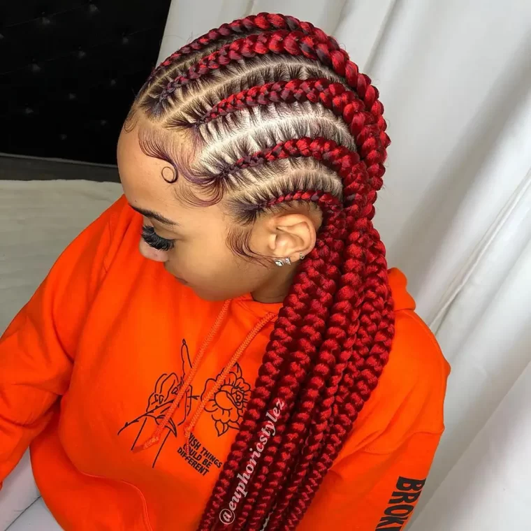 Bold Red Feed-In Braids with a Sleek Finish