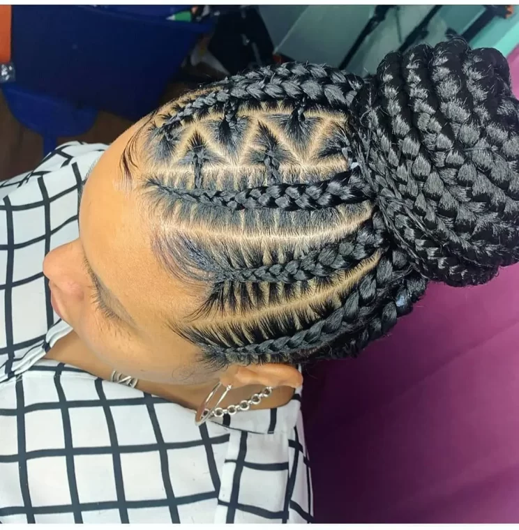 Geometric Feed-In Cornrows with a High Bun