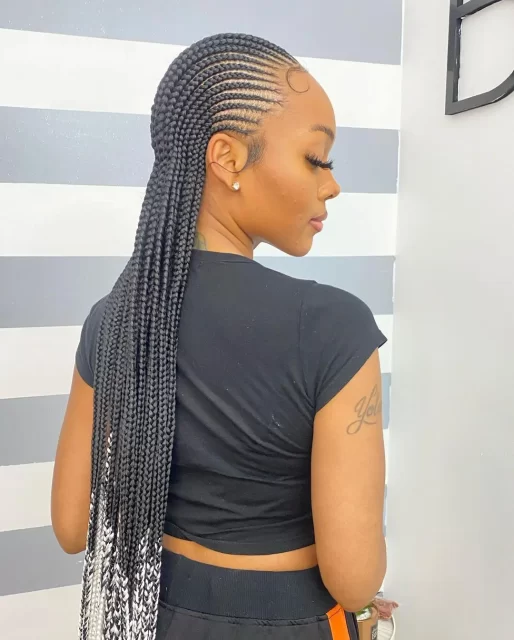 Sleek Black Cornrow Braids with Ombre Ends