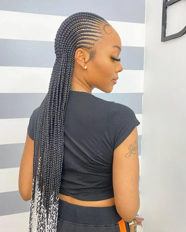 Sleek Black Cornrow Braids with Ombre Ends