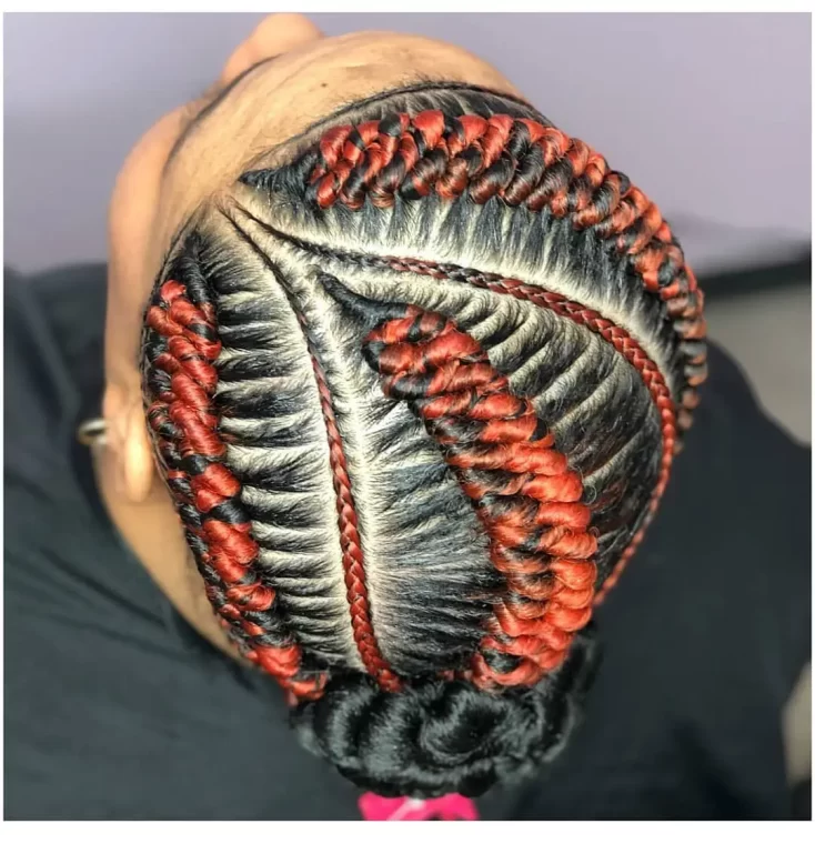 Bold Feed-In Braids with Red Highlights