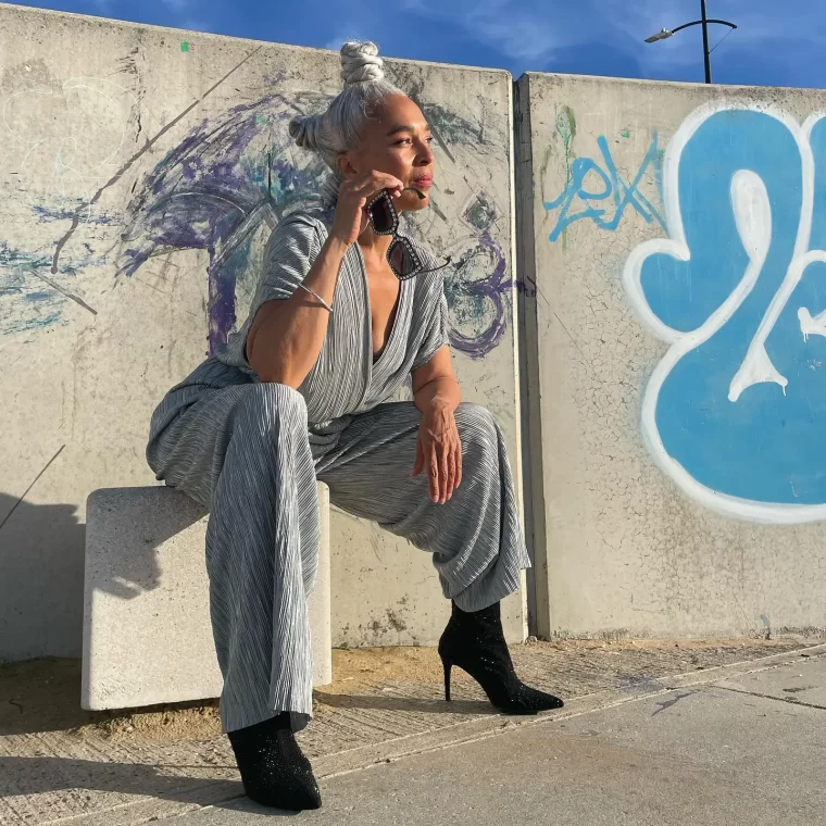 Edgy Silver Updo with Plisse Jumpsuit Vibes