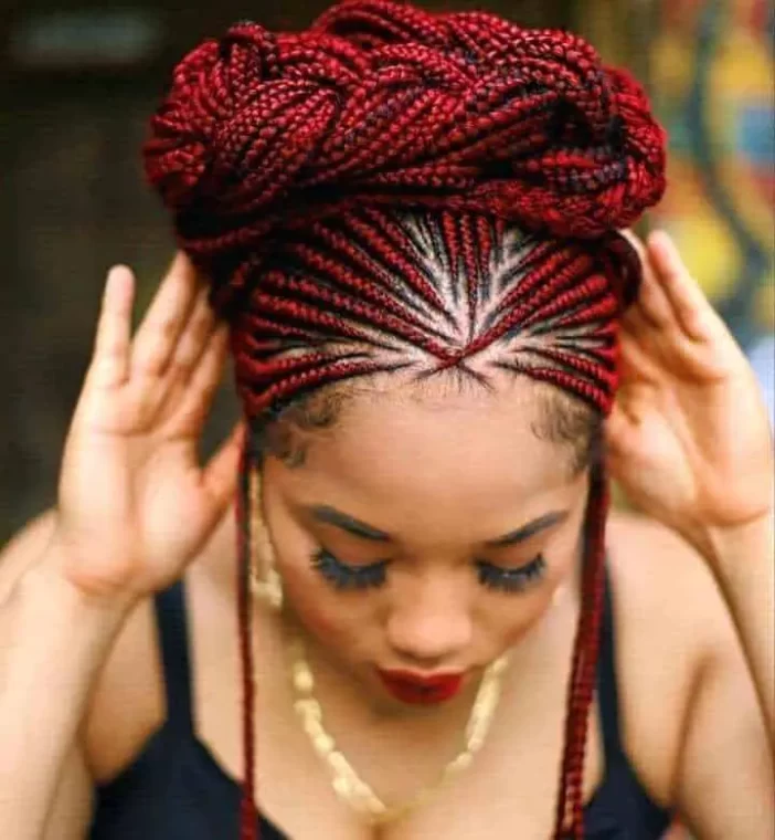 Fiery Red Box Braids with Crown Bun