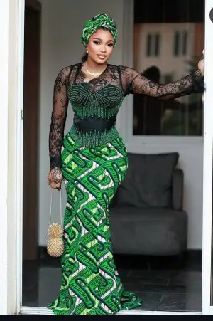 Green Corset Ankara Gown with Lace Sleeves