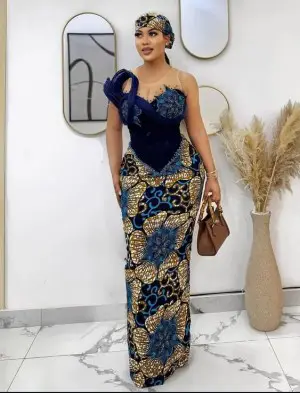 Elegant One-Shoulder Ankara Gown with Velvet Accents