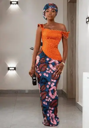 Off-Shoulder Ankara Gown with Lace and Head Wrap