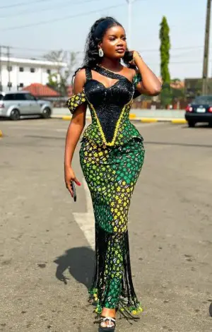 Corset-Style Ankara Dress with Beaded Fringe