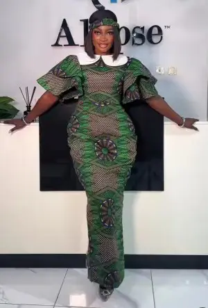 Green Collared Ankara Gown with Flared Sleeves