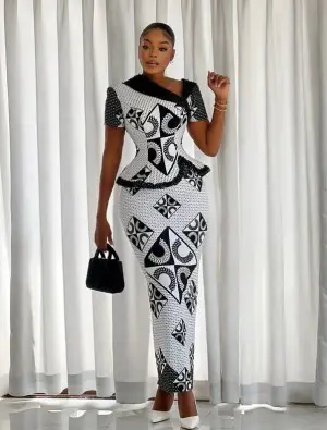 Monochrome Ankara Gown with Peplum and Asymmetry