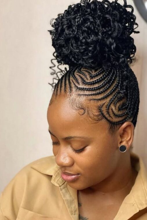 Artistic Swirl Cornrows with Curly Top Bun