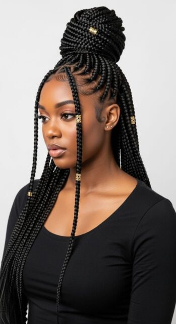 Classic High Box Braids Bun with Gold Accents