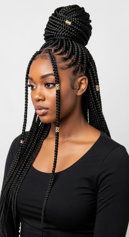 Classic High Box Braids Bun with Gold Accents