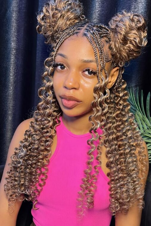 Curly Braided Space Buns with Blonde Highlights