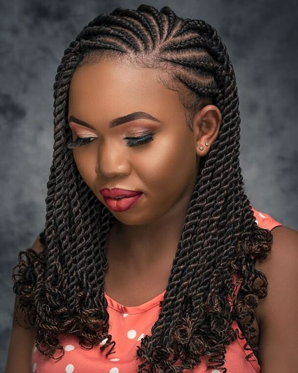 Curly-End Passion Twists with Side Cornrows
