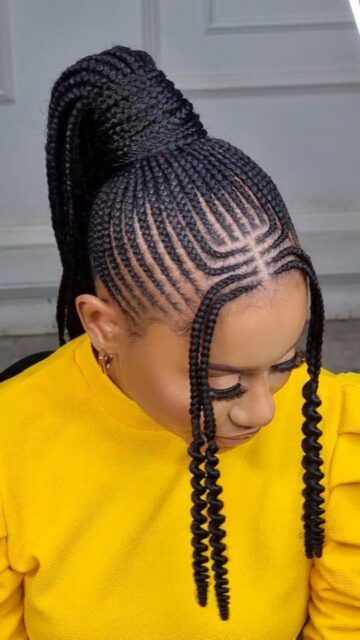 Sleek Braided Ponytail with Geometric Cornrows