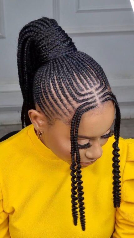 Sleek Braided Ponytail with Geometric Cornrows