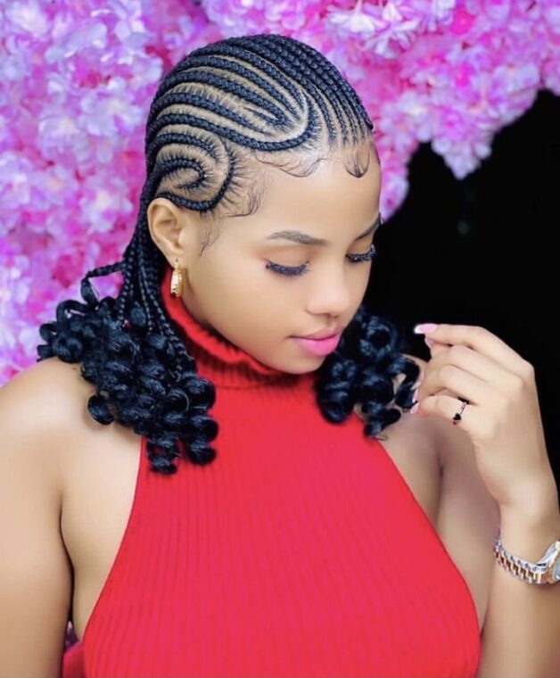 Spiral Cornrows with Curled Bob-Length Braids